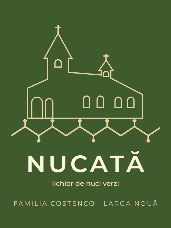 Eticheta verde Nucată pentru sticlă, cu biserica desenată în linie crem